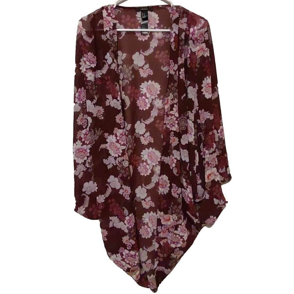 Forever 21 Maroon Floral Kimono Size Small